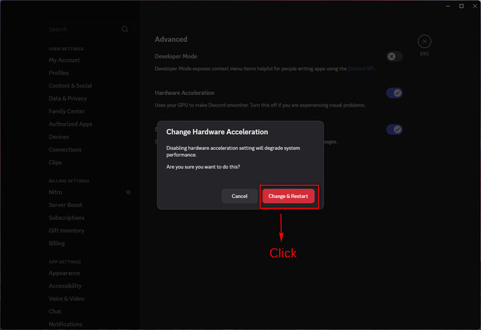 click change and restart