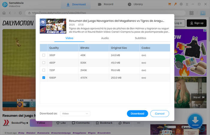 choose more download settings for dailymotion video