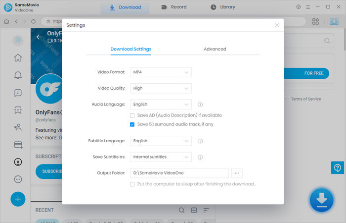 choose download settings for onlyfans video